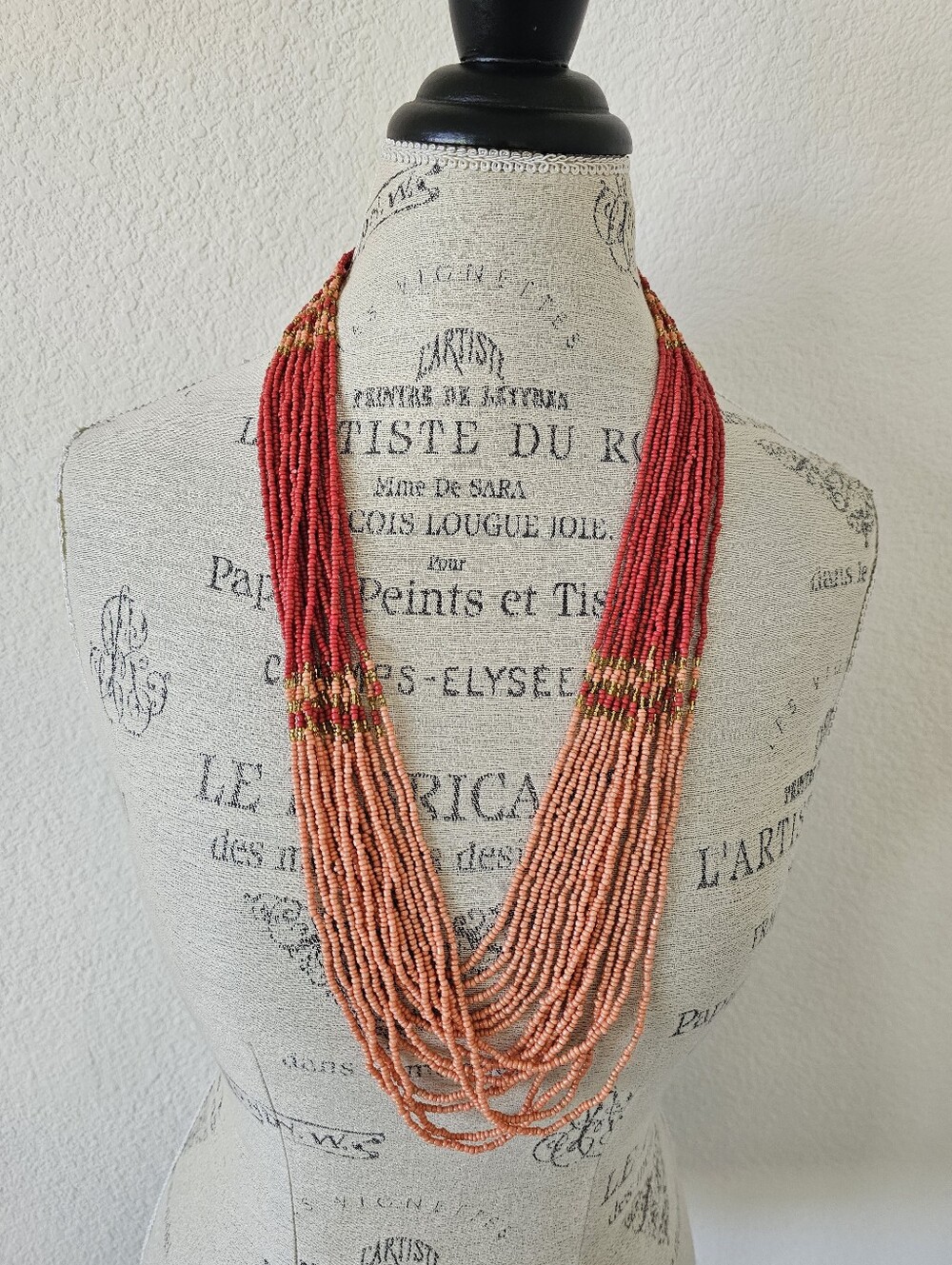 Susan Graver Nested Multi-Strand Seed Bead Statement Necklace - Coral & Peach